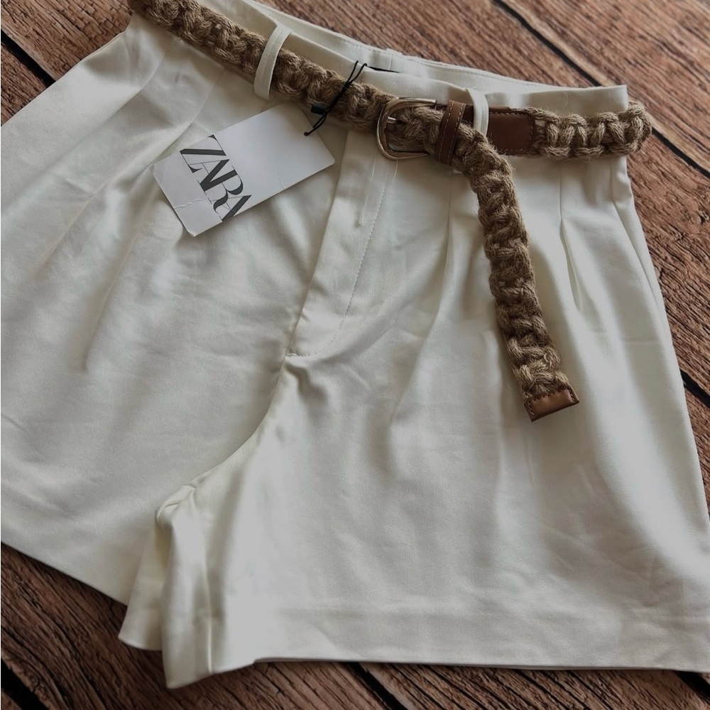Zara Off-White Shorts with Braided Belt